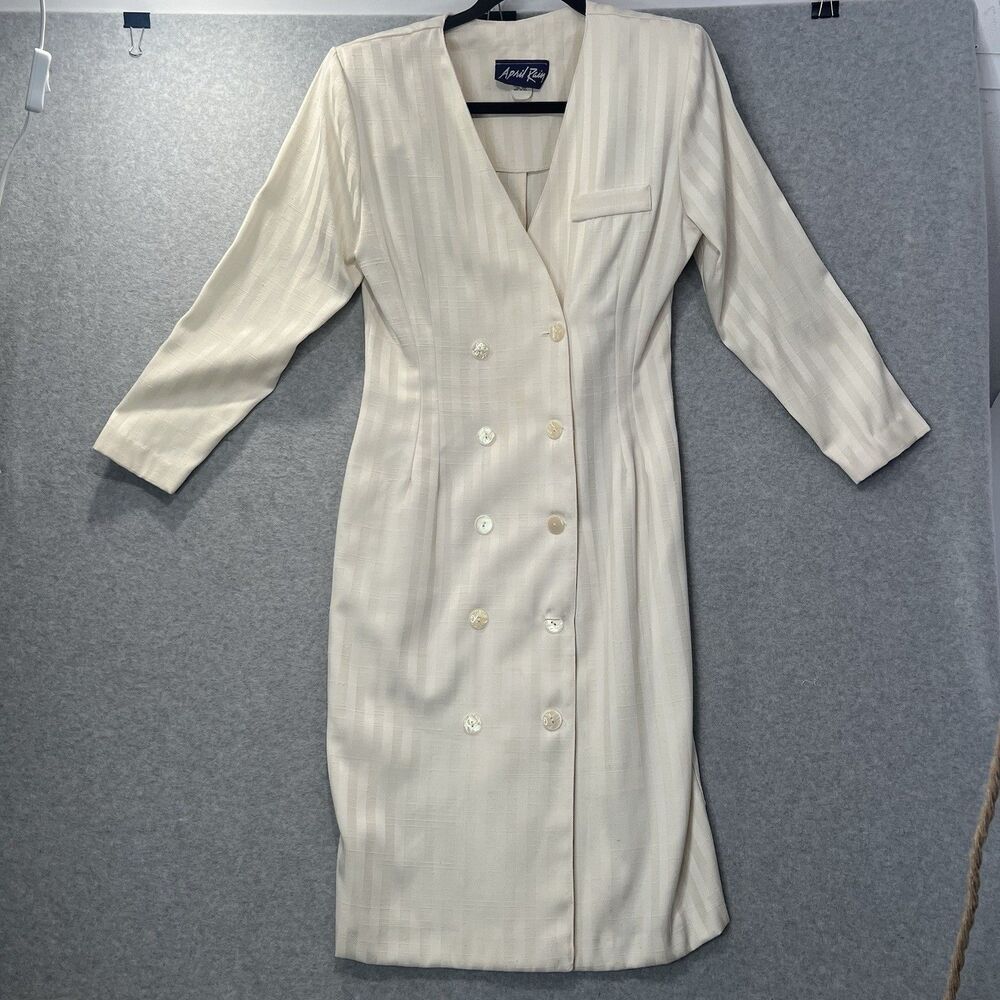 Vintage April Rain Dress Women 9/10 Double breasted 80s Career Beige Dynasty